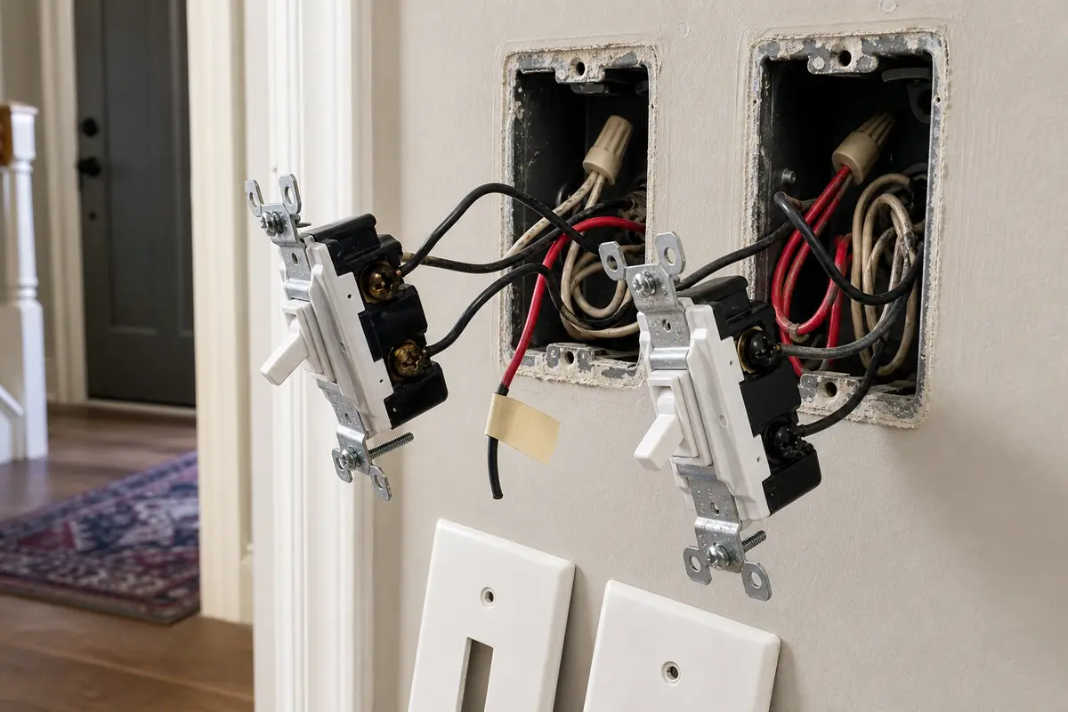 Two 3-way light switches pulled forward with traveler and common wire positions visible