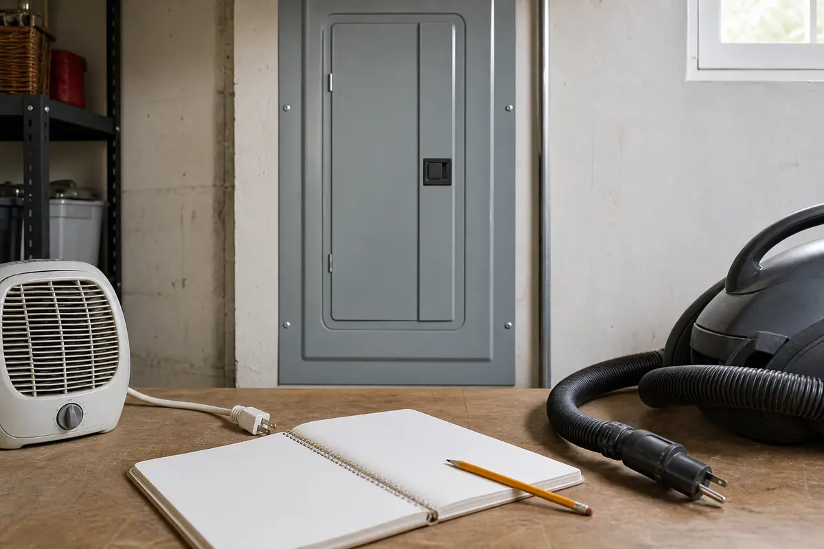 Notebook and unplugged heater and vacuum used to map load before blaming a hot AFCI breaker