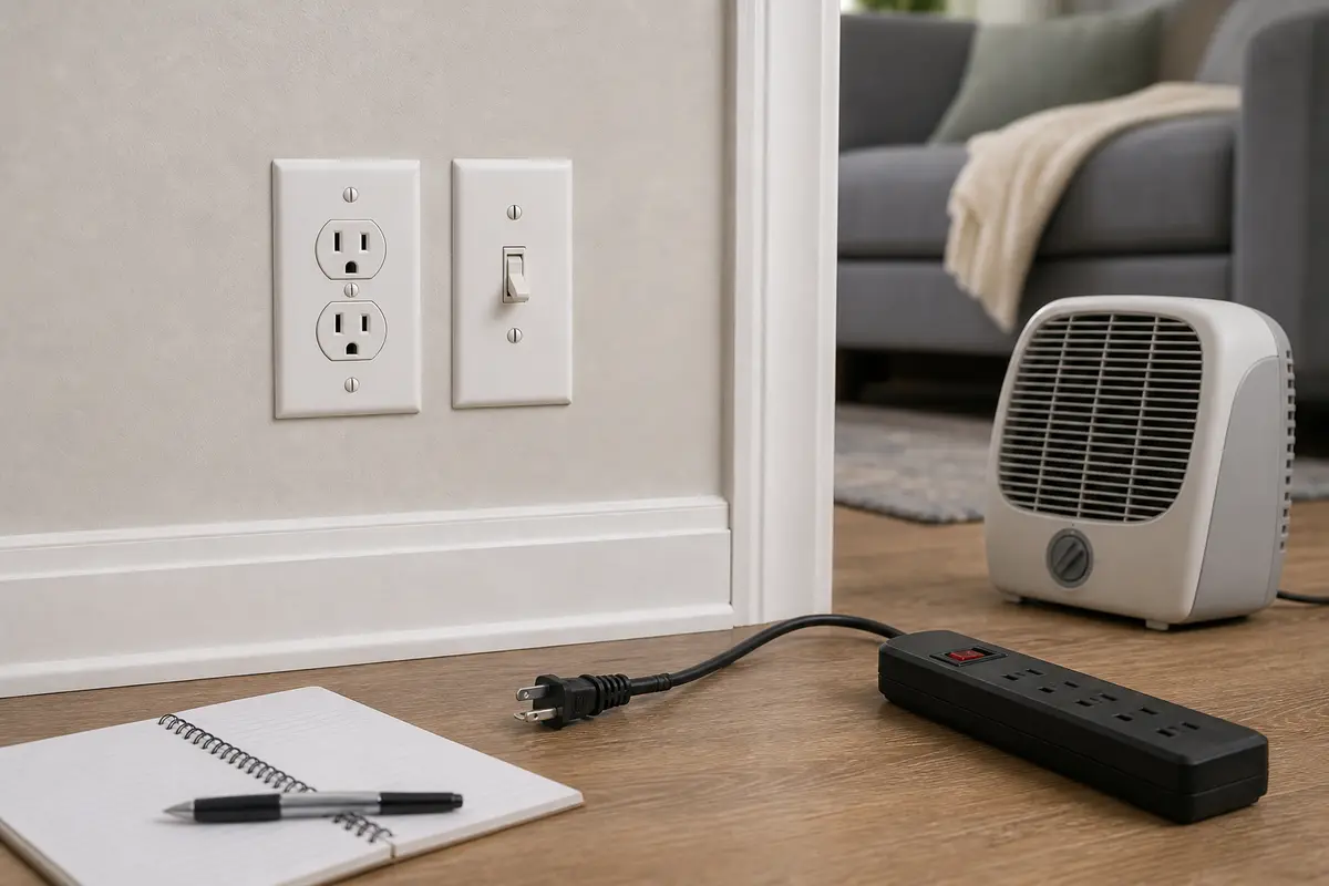 Finished wall outlet and switch with an unplugged load for AFCI room-side heat clues