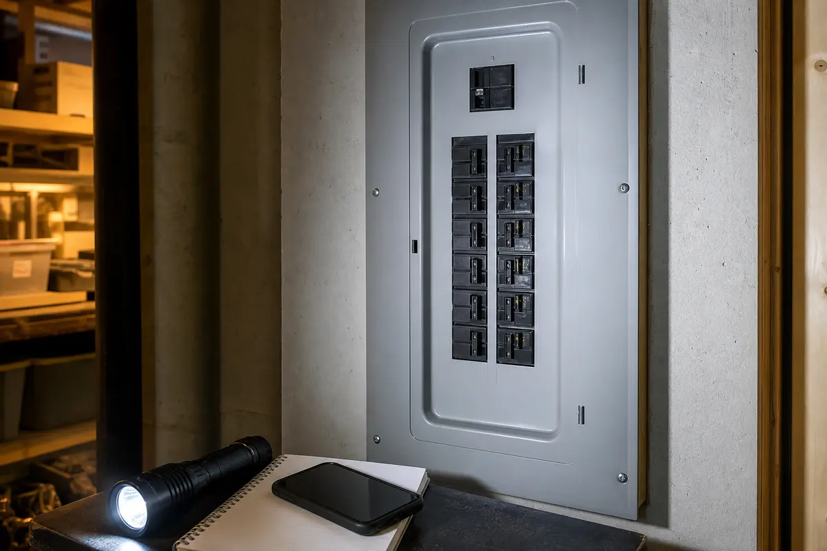 Closed electrical panel and notebook used to record the time of a nighttime AFCI trip