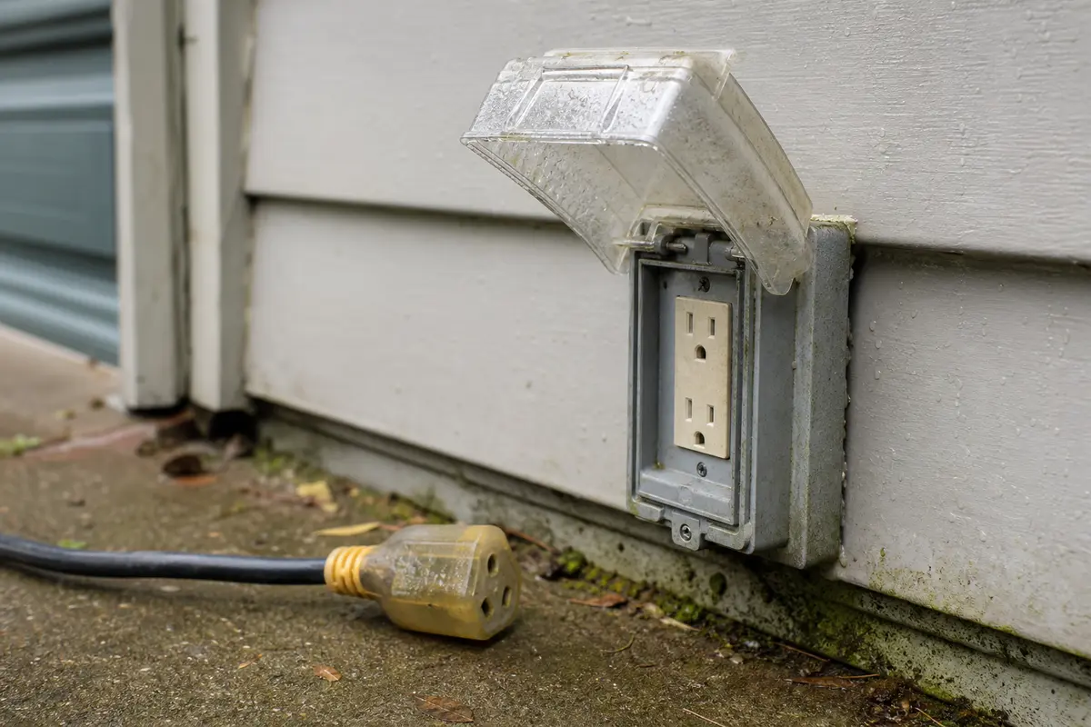 Outdoor receptacle cover and disconnected cord checked for moisture after a night AFCI trip