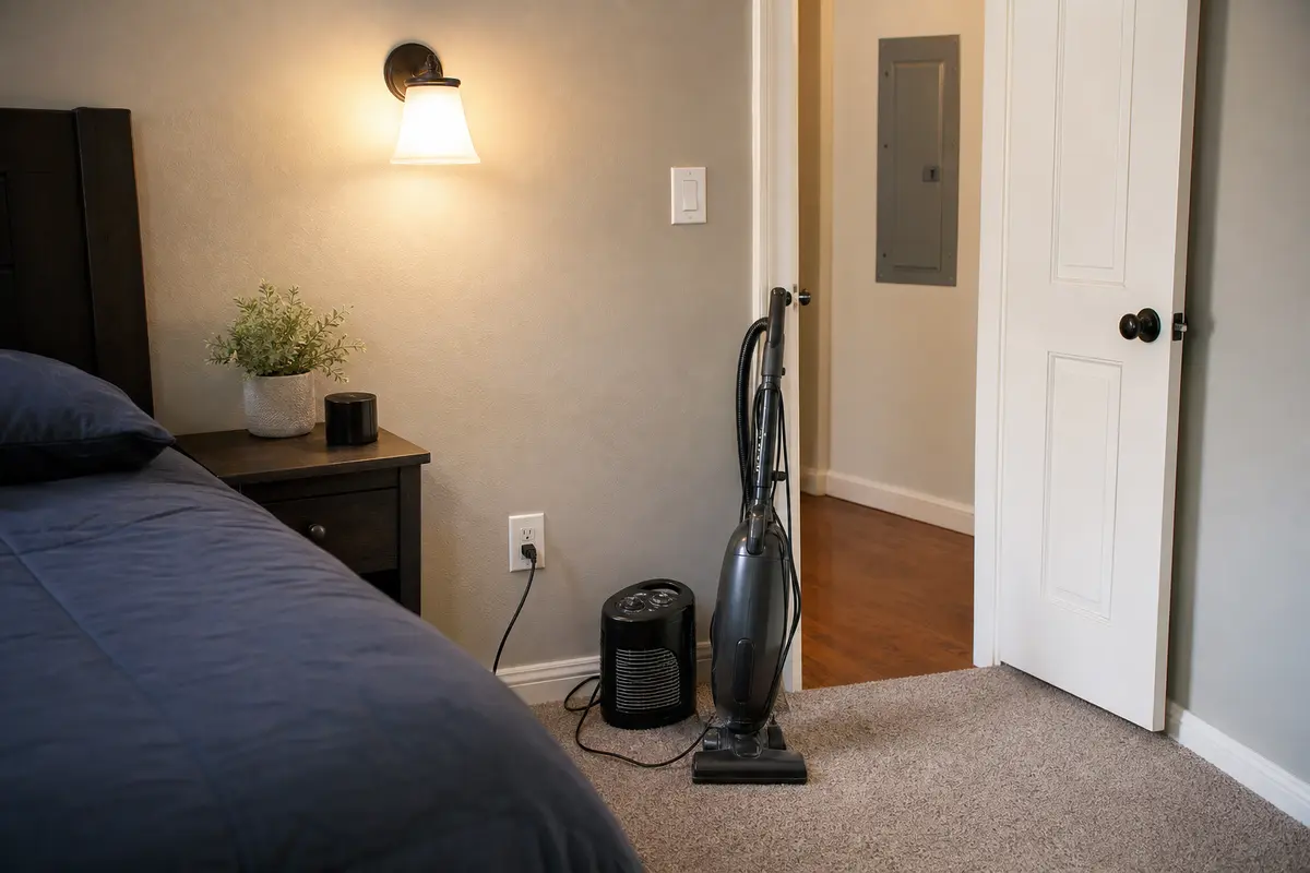 AFCI flicker check with bedroom light, closed panel, and heavy loads near one outlet