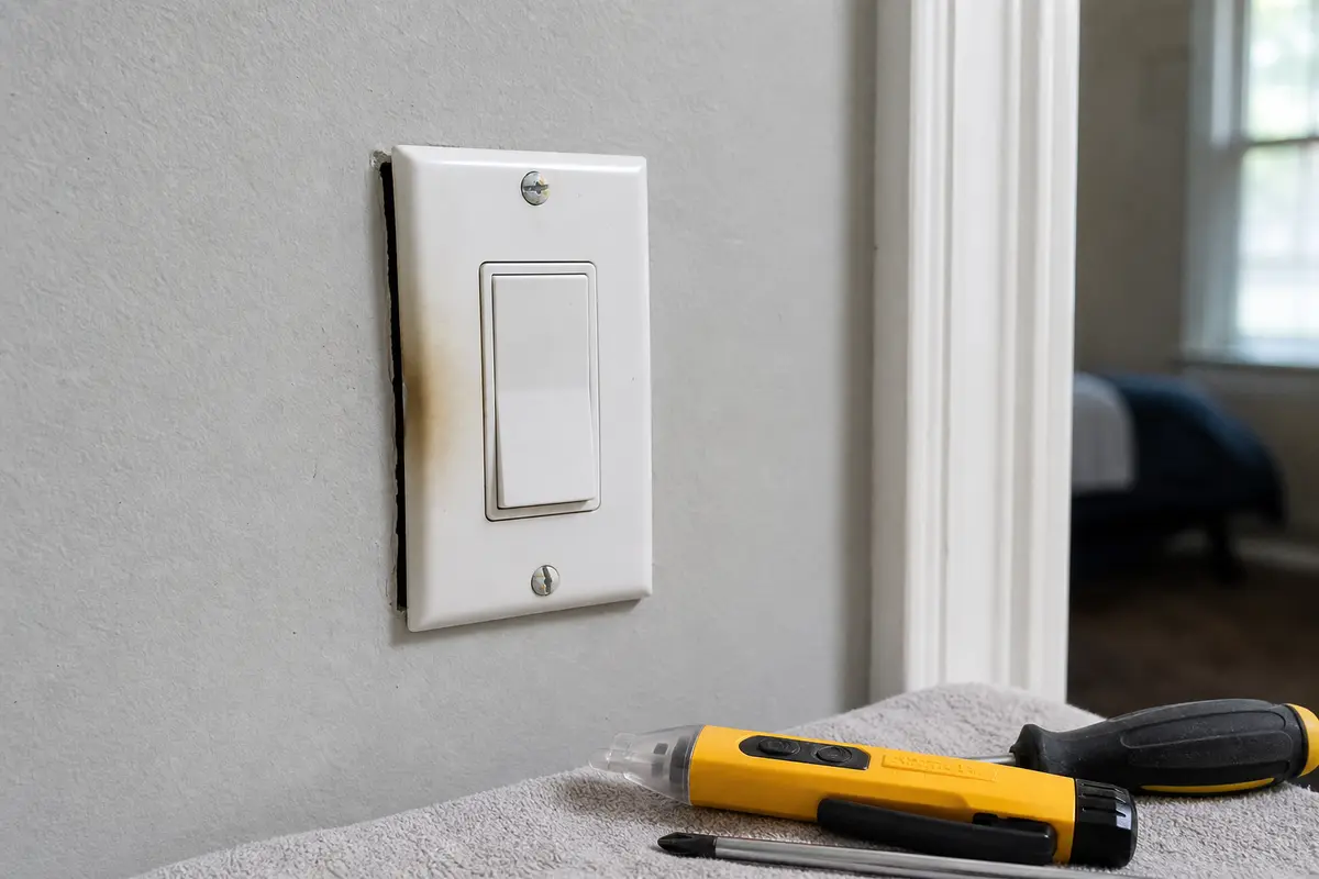 Light switch with heat staining and loose cover during AFCI flicker troubleshooting