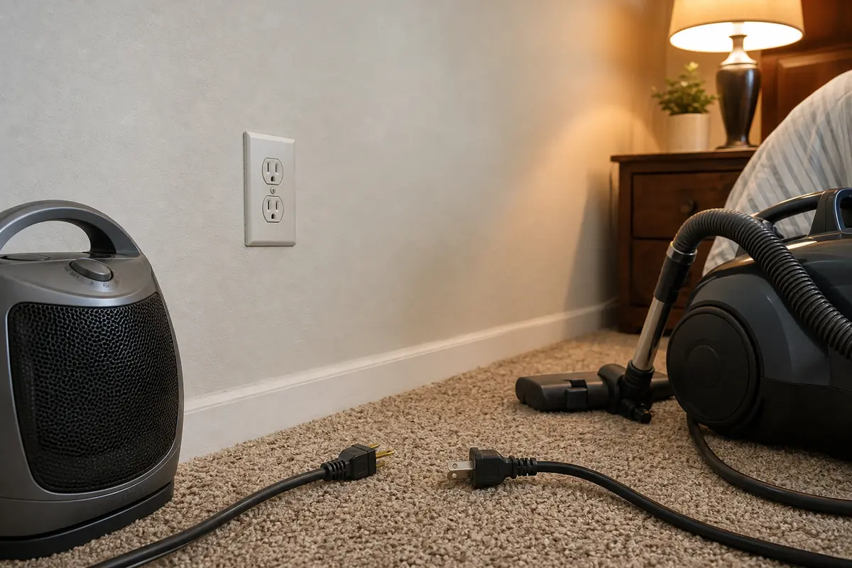 Space heater and vacuum unplugged from a bedroom outlet while checking AFCI light flicker