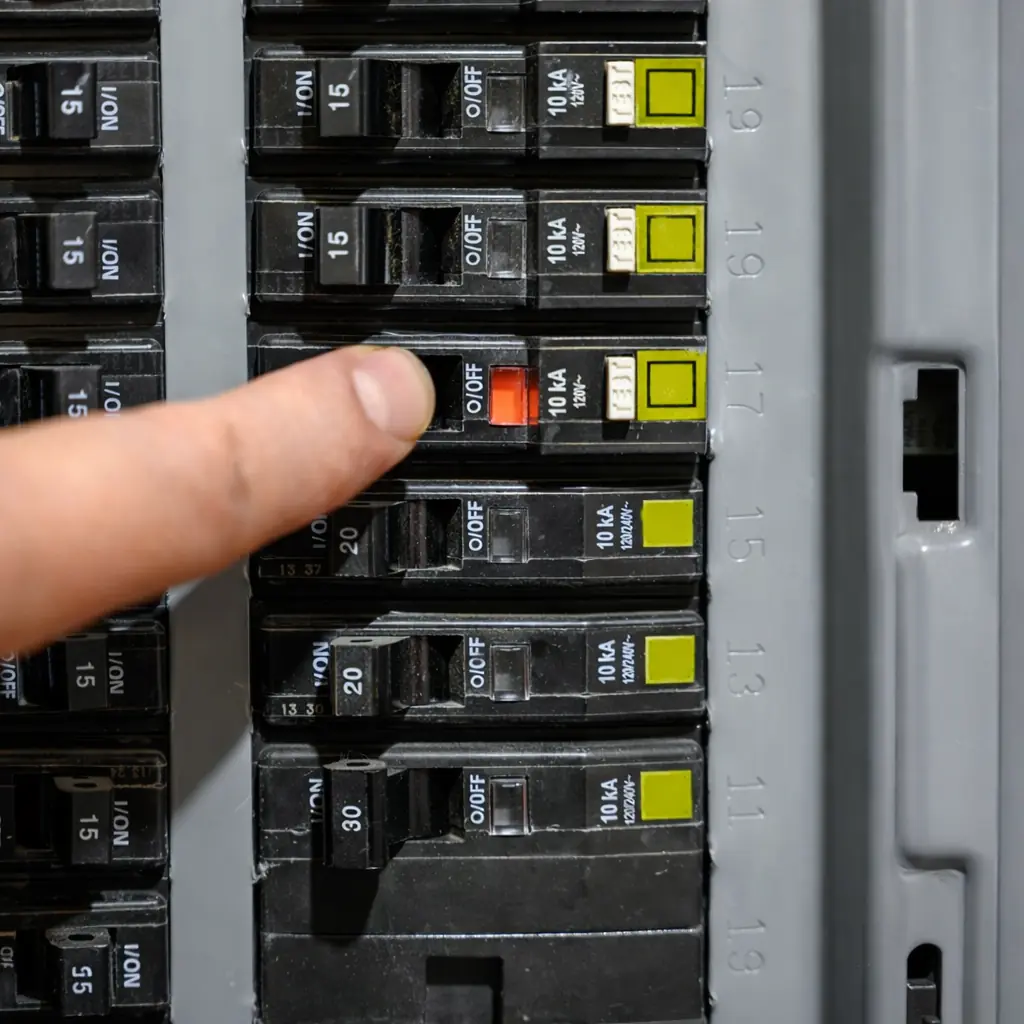 Finger resetting a breaker handle with panel cover in place
