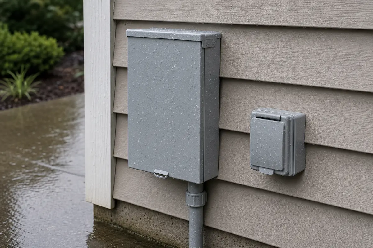 Outdoor breaker panel beside a rain-wet exterior receptacle cover