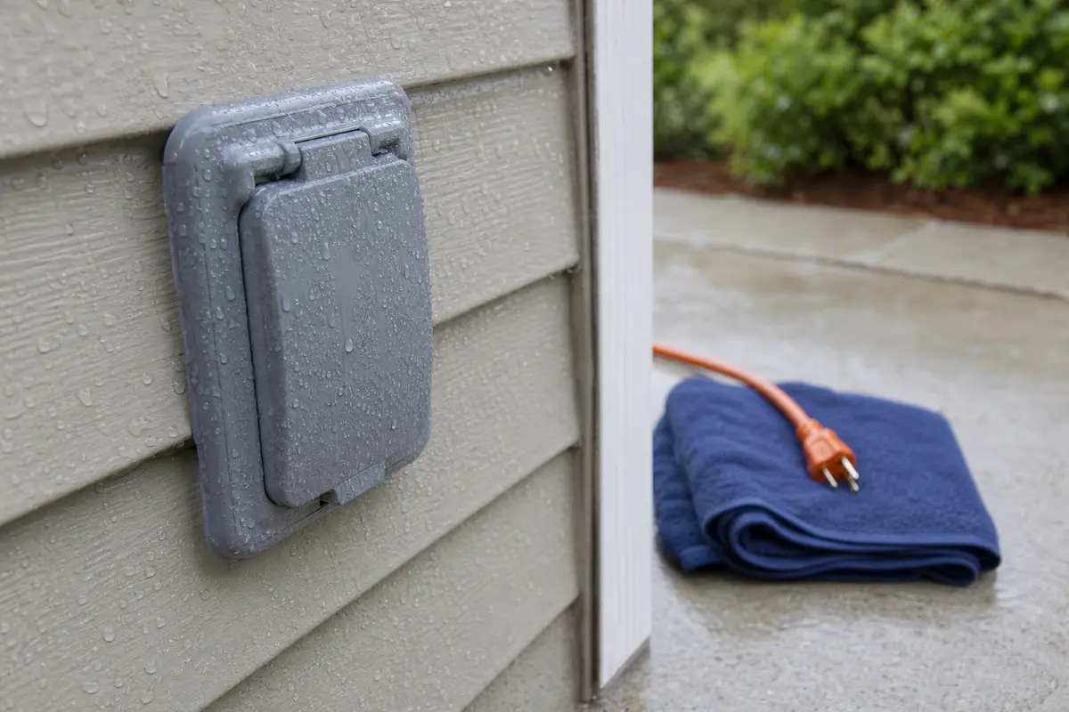 Wet outdoor GFCI cover with an unplugged cord after rain