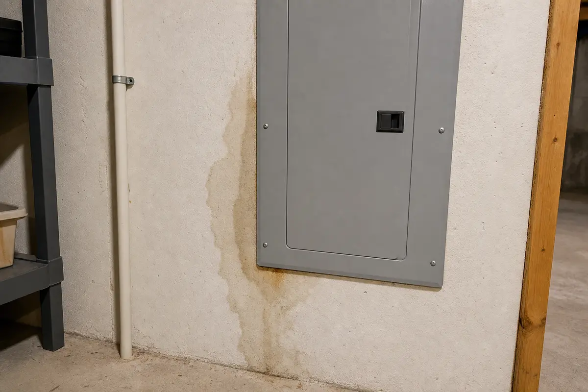 Closed electrical panel with water staining on the wall beside it
