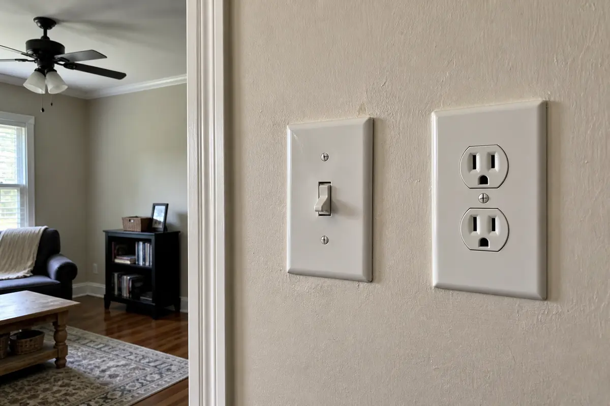 Buzzing in wall room-side view with switch outlet panel and ceiling fan nearby