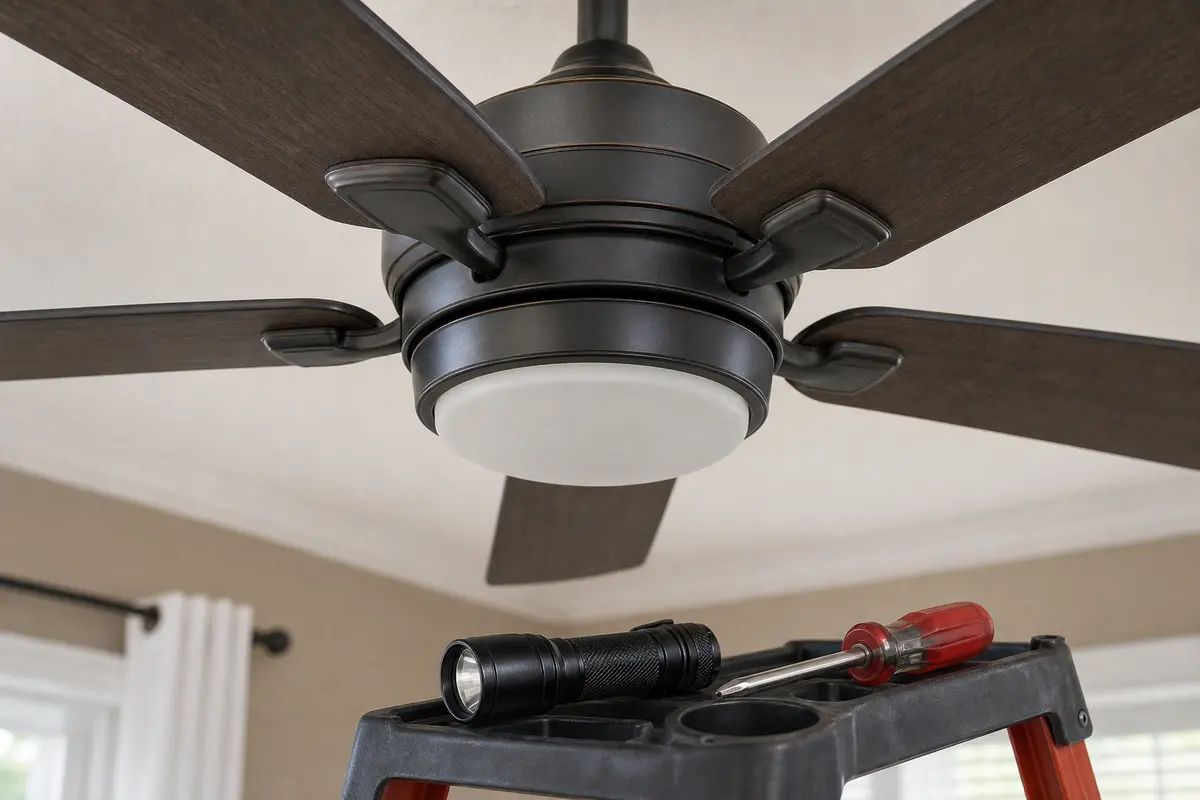Ceiling fan motor housing checked with flashlight after grinding noise