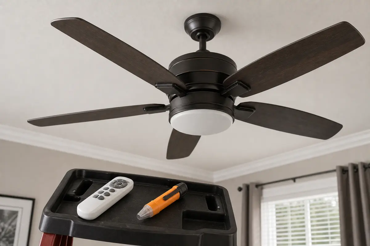 Ceiling fan stopped with remote and voltage tester during hums-but-wont-spin diagnosis