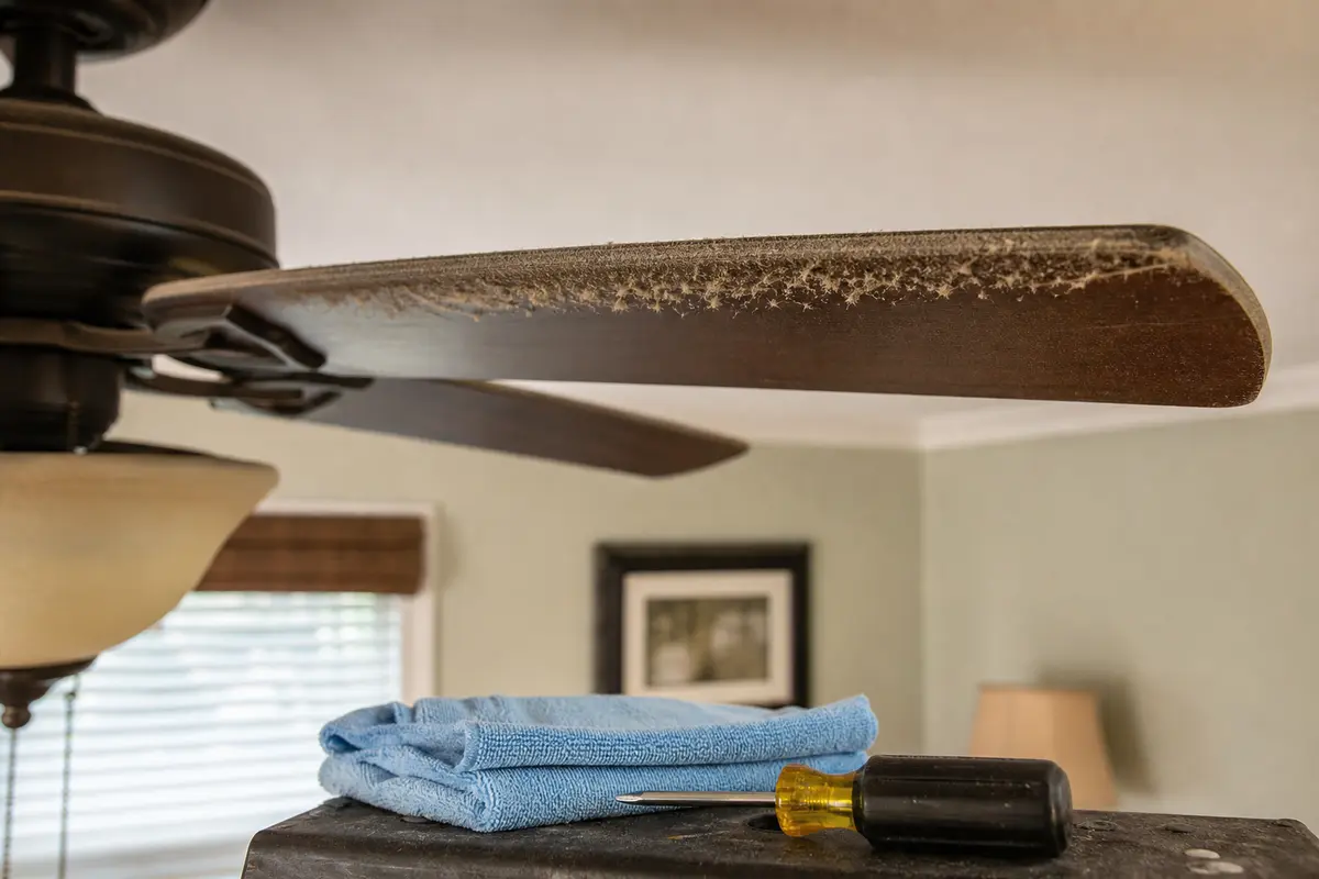 Dust buildup on a ceiling fan blade reducing airflow