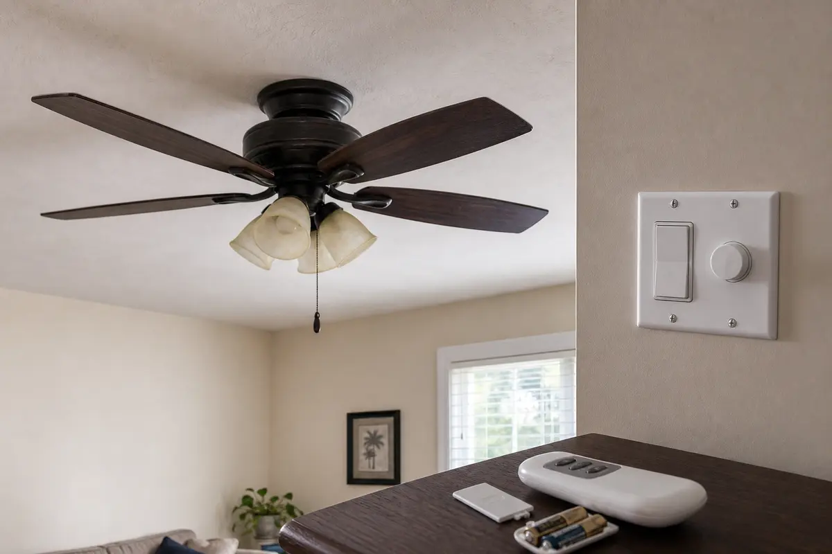 Ceiling fan with wall switch and remote checked before opening the canopy