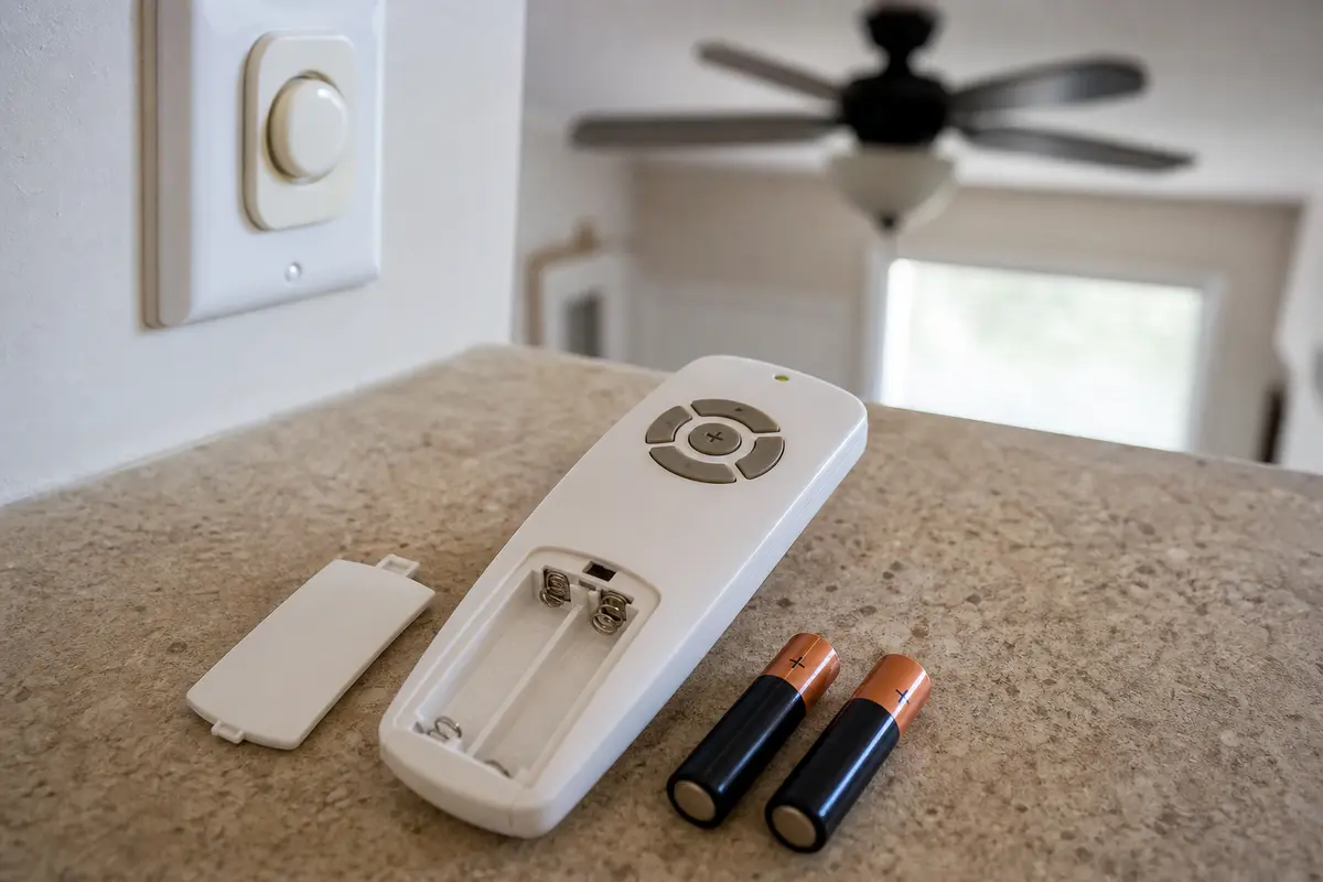 Ceiling fan remote battery compartment checked during no-response diagnosis