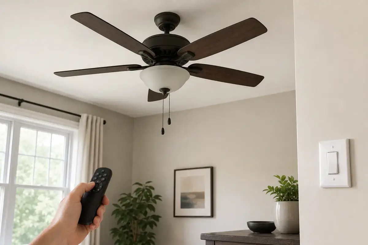 Ceiling fan remote and wall switch checked for receiver feed