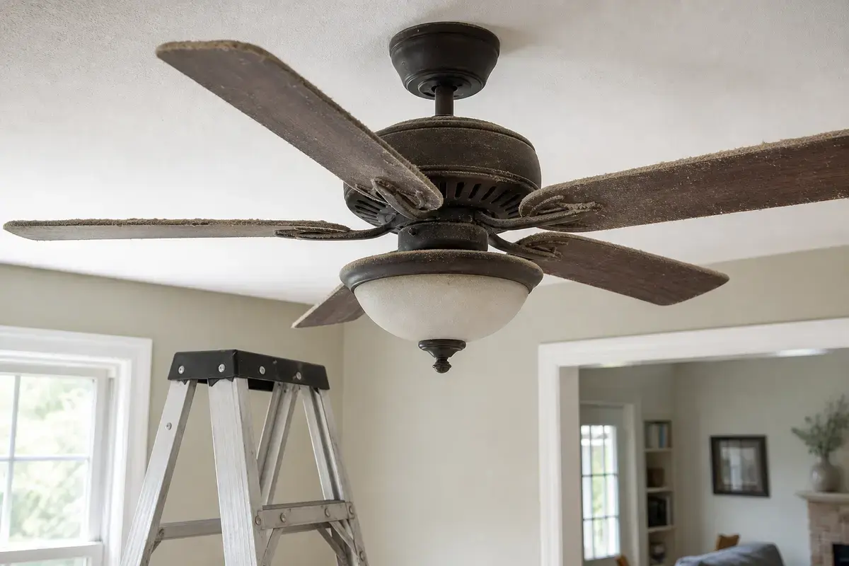 Dusty ceiling fan inspected after it smells hot