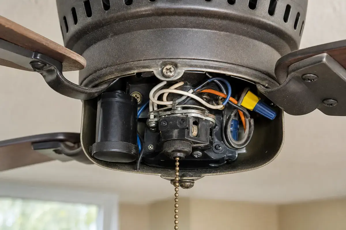 Ceiling fan switch housing checked for speed-control failure