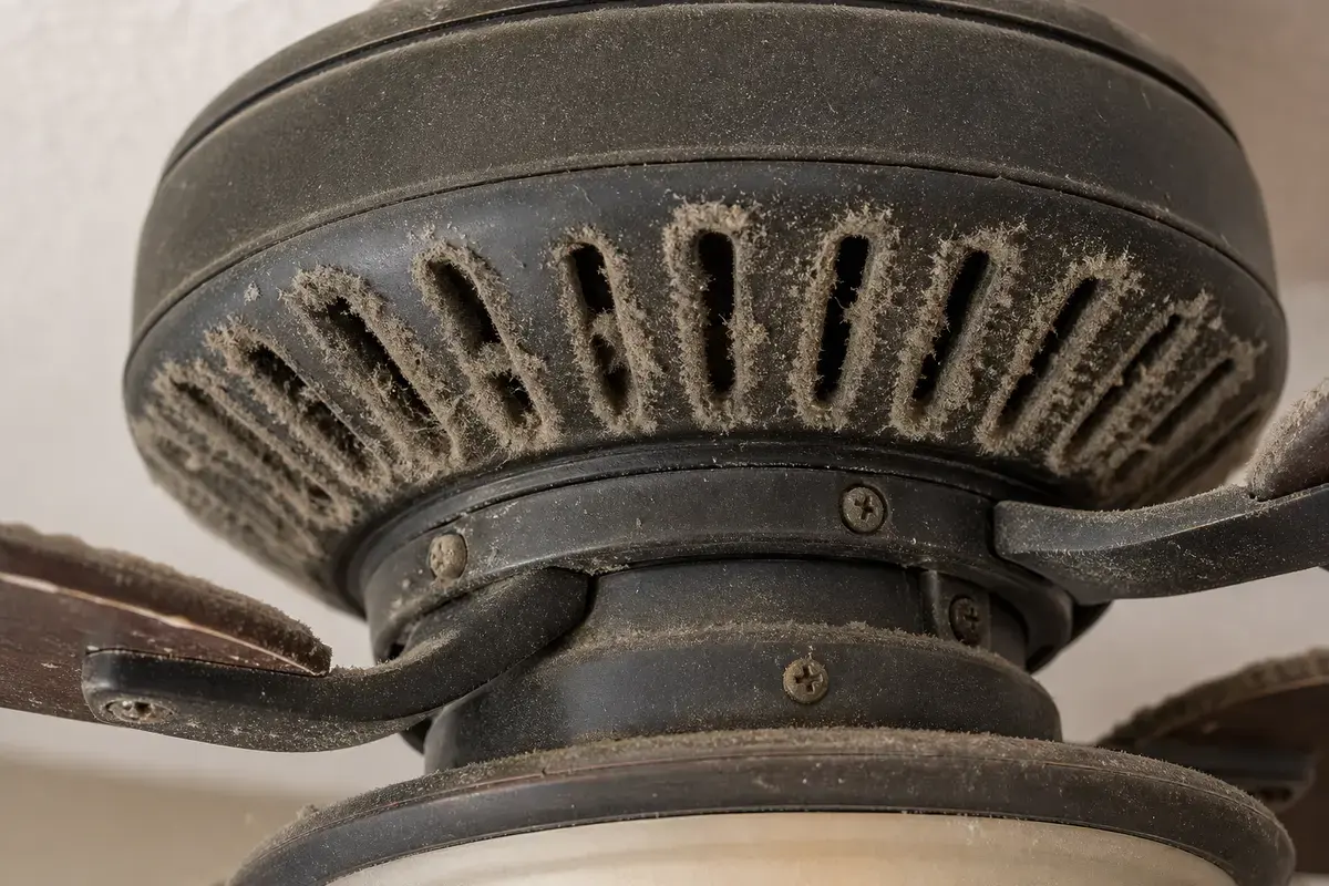 Ceiling fan motor vents checked for heat and dust after random shutdown