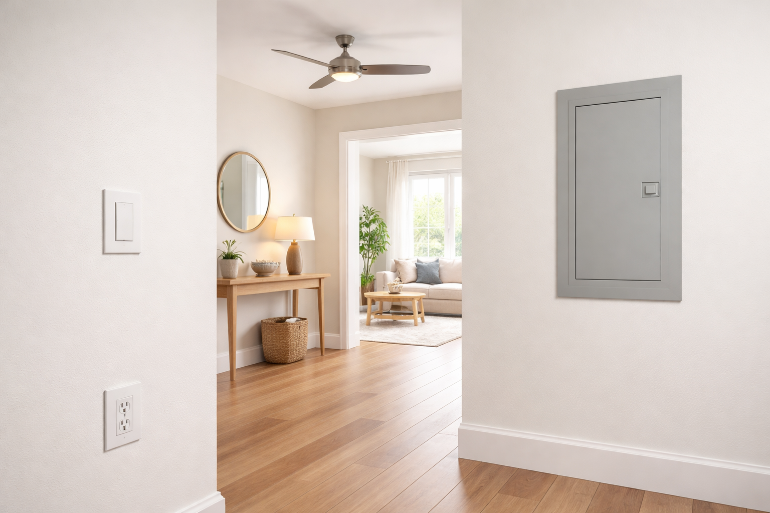 Bright residential electrical scene with panel, outlet, switch, and light fixture context