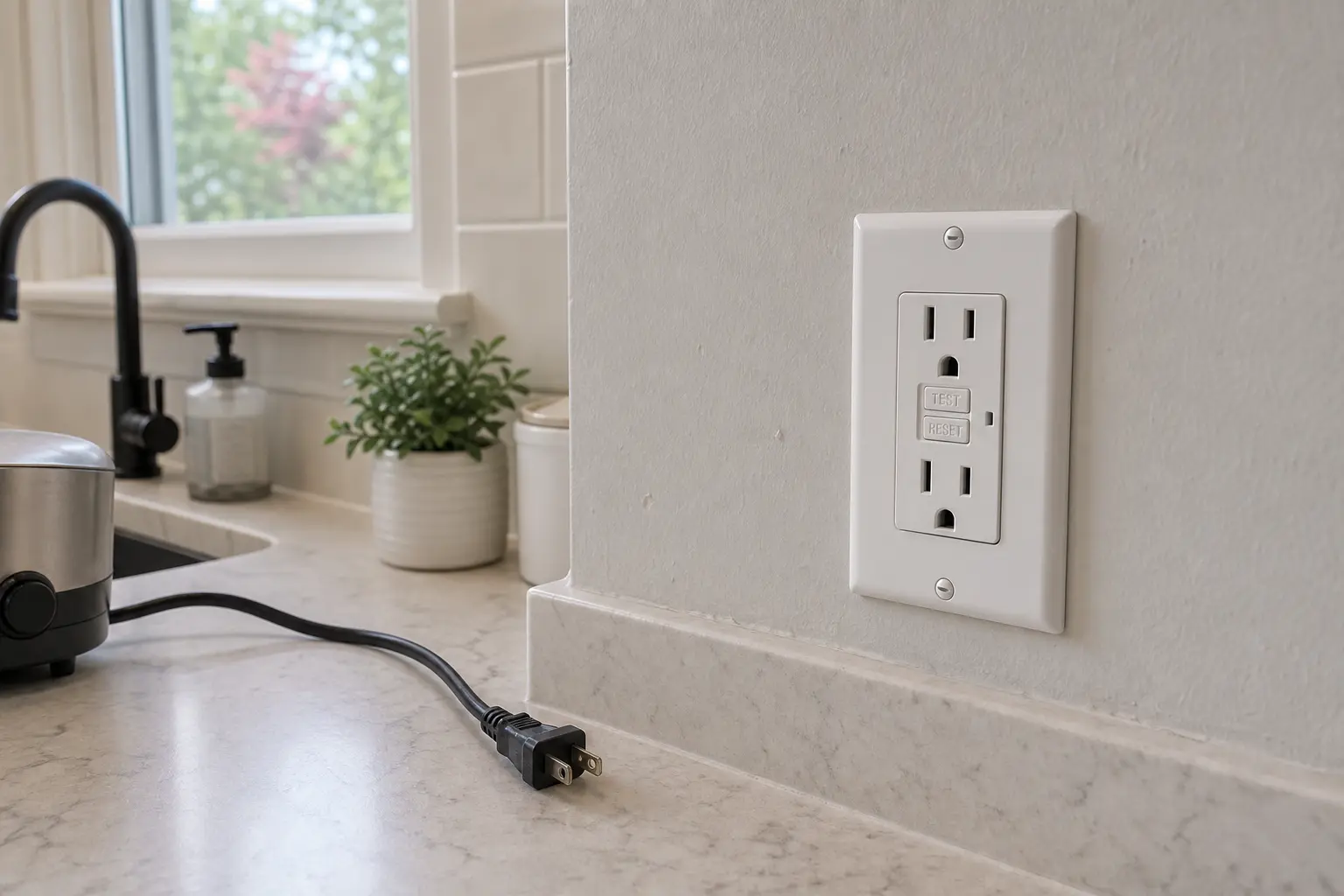 Kitchen GFCI receptacle with an unplugged appliance cord for reset and load checks