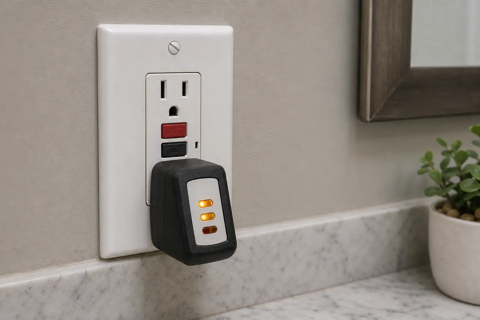 GFCI receptacle with a plug-in tester seated for a non-invasive outlet check