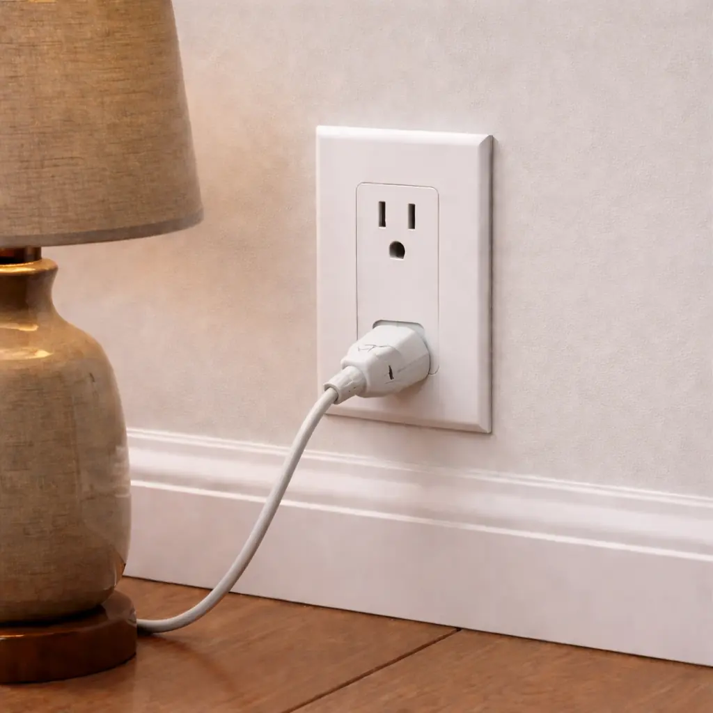 Lamp cord plugged into one half of a half-hot outlet for a switched receptacle check