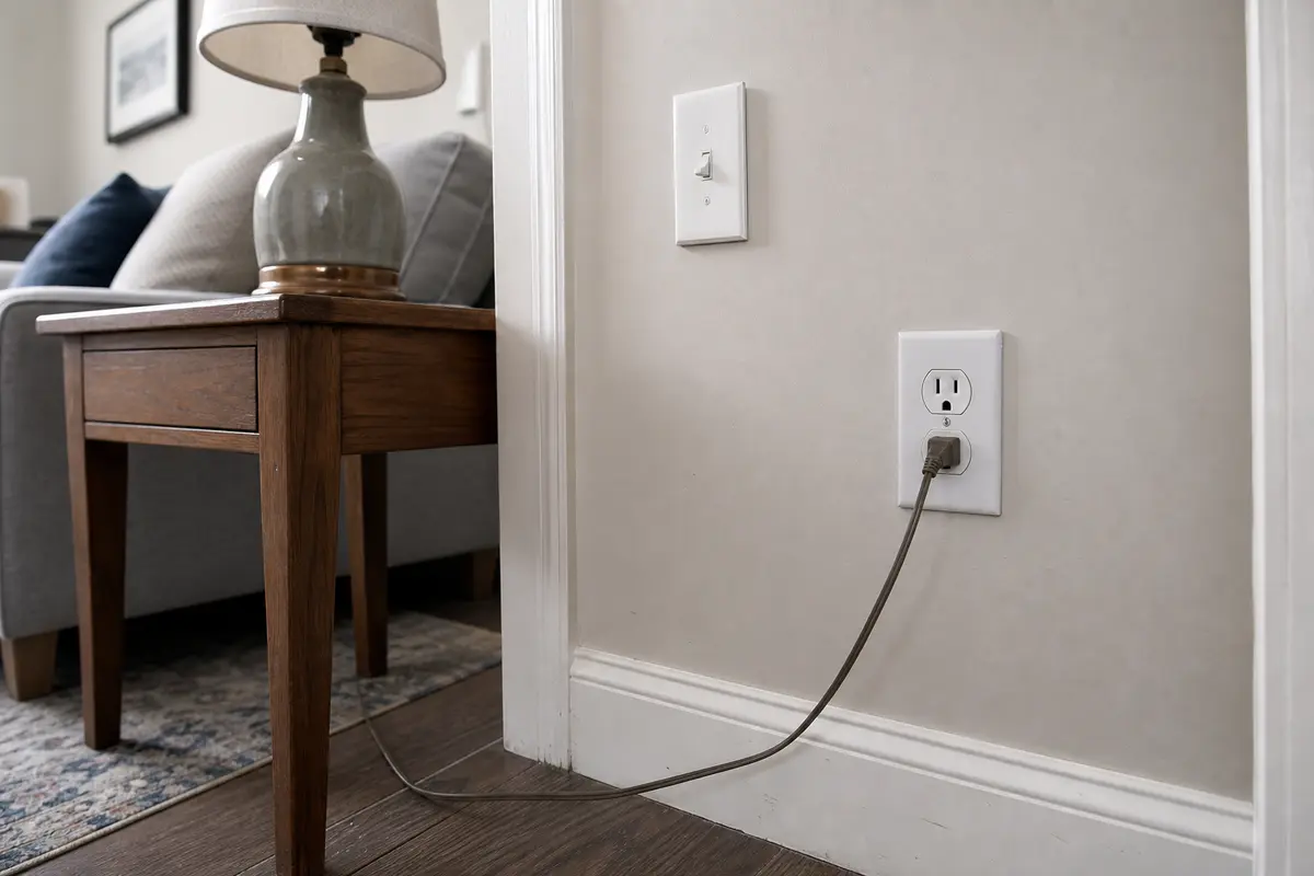 Half-hot outlet and nearby wall switch checked with a lamp cord in one receptacle half