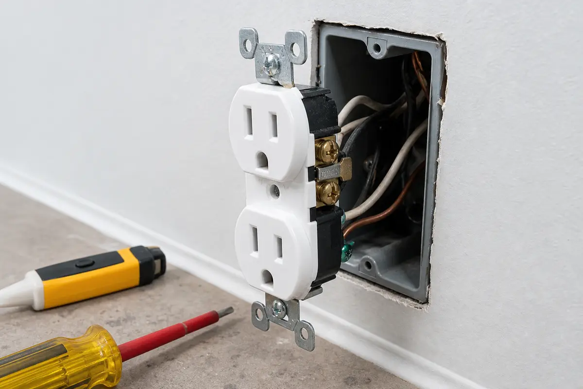 De-energized half-hot outlet pulled forward to inspect side tab and terminal wiring