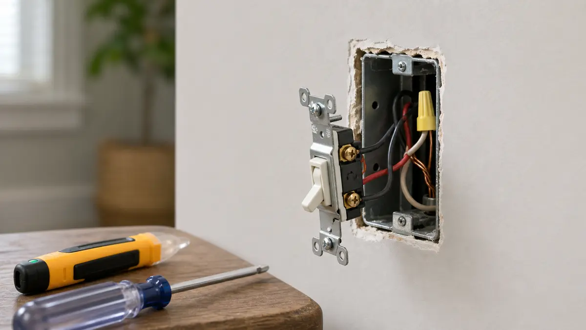 De-energized wall switch pulled forward for inspection after power checks are complete