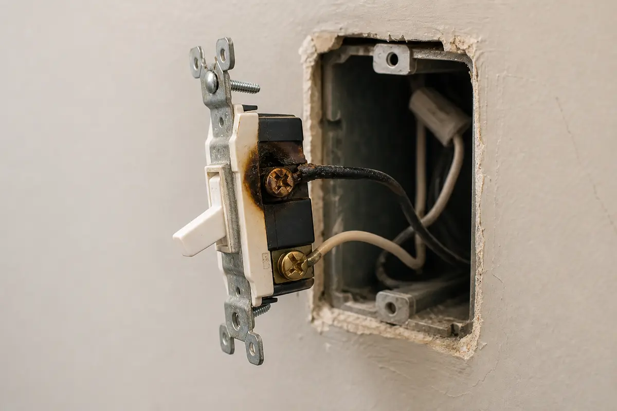 Light switch pulled forward after breaker shutoff for burning-smell heat damage inspection