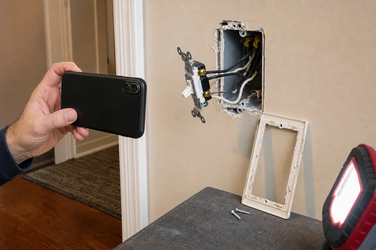 Light switch box opened after power is off with wire positions ready to photograph