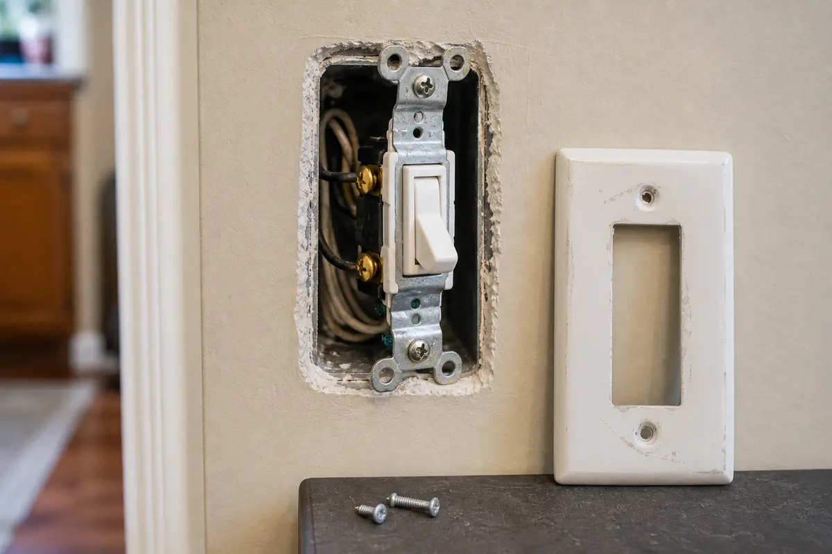 De-energized light switch inspection showing the device and wall plate alignment