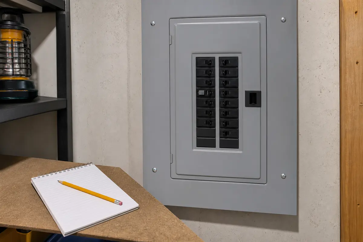 Closed breaker panel and notepad used to track which circuit triggers main breaker tripping