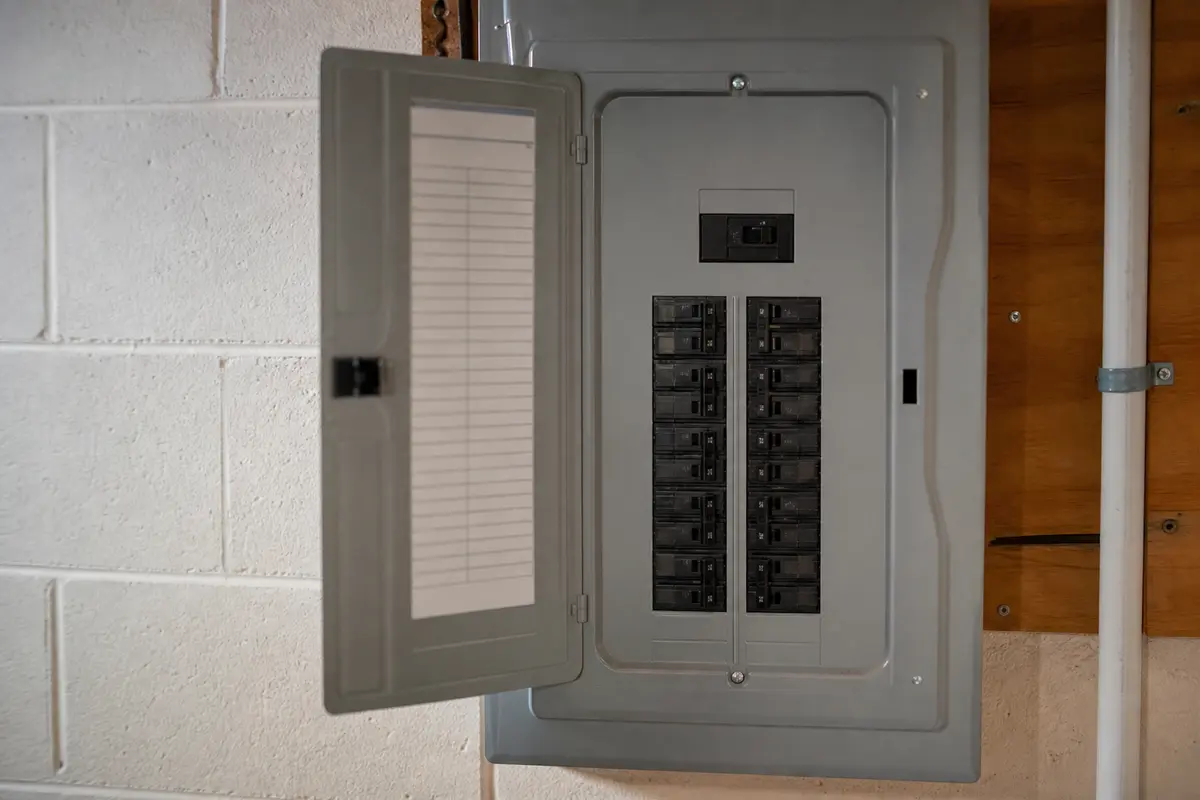 Closed electrical panel with main breaker and smaller circuit breakers visible for tripping diagnosis