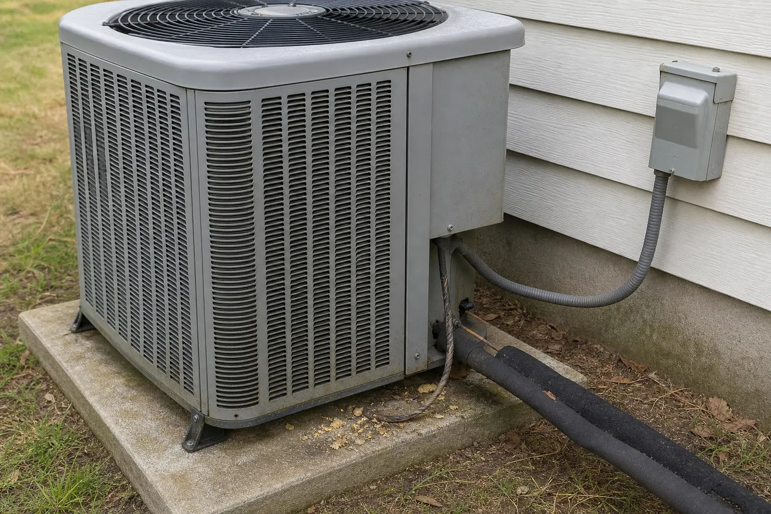 Outdoor AC condenser with chewed wiring near the base and the disconnect visible