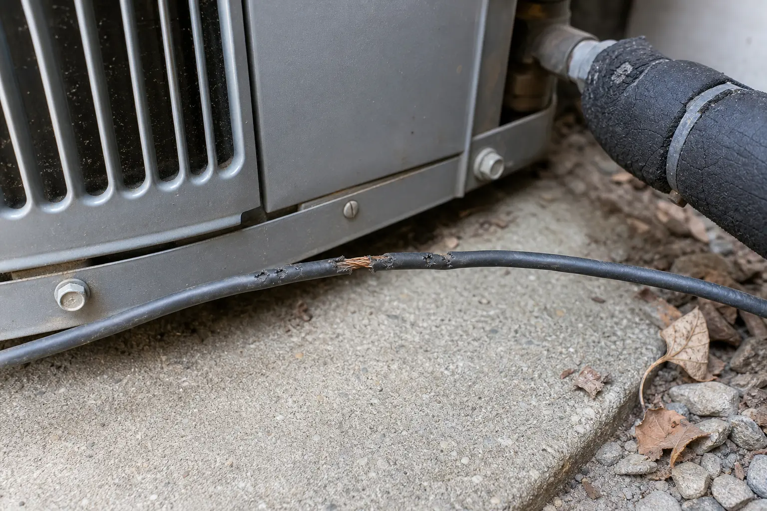 Close-up of mouse-chewed low-voltage AC condenser control wire with exposed copper