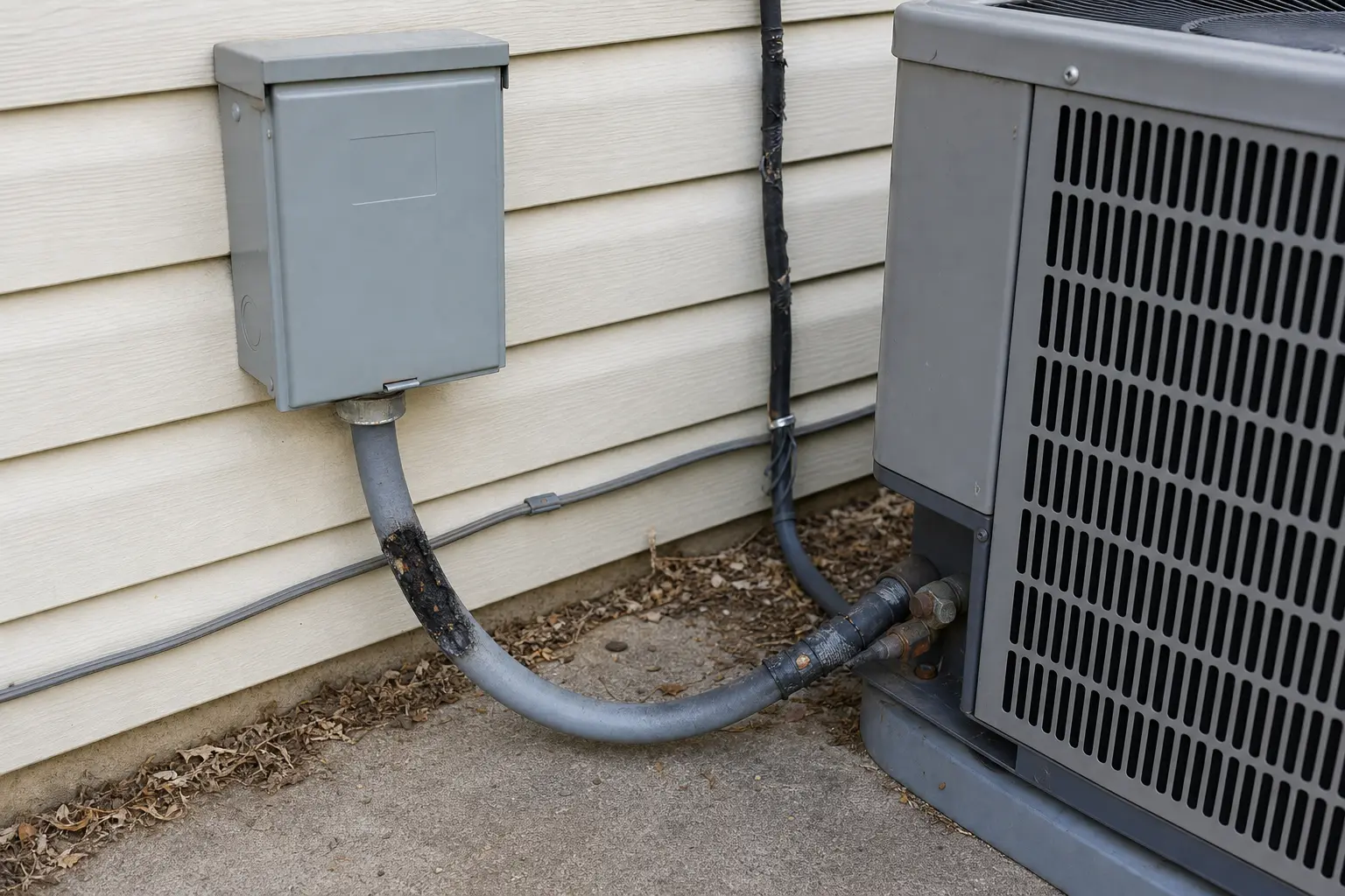 Damaged outdoor AC disconnect whip near a condenser showing a stop point for DIY repair