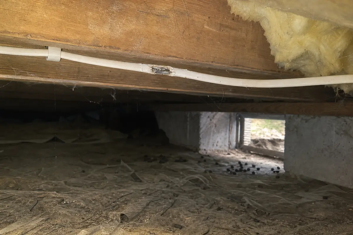 Crawlspace wiring area checked for rodent chew marks after the breaker is shut off
