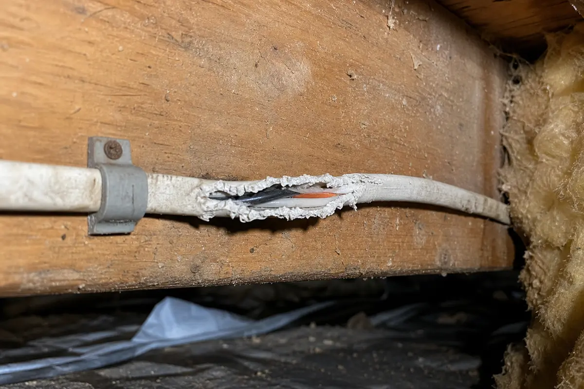 Close view of de-energized crawlspace cable inspected for exposed copper and damaged insulation