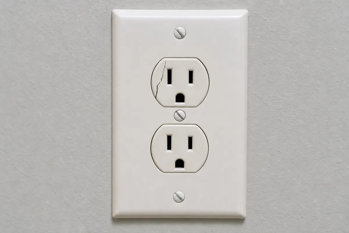 Crack through receptacle body plastic beside an outlet plug slot
