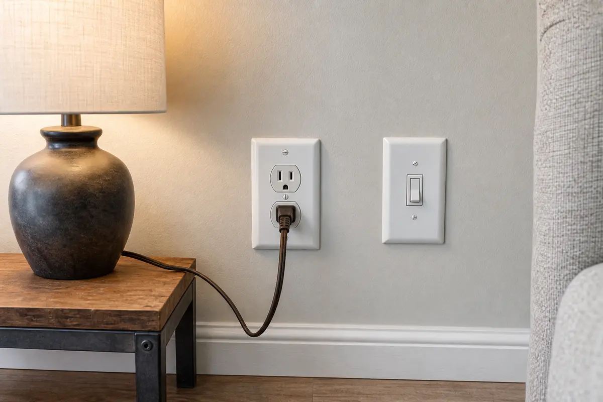 Lamp plugged into one half of a wall outlet with a nearby switch used to check switched outlet behavior