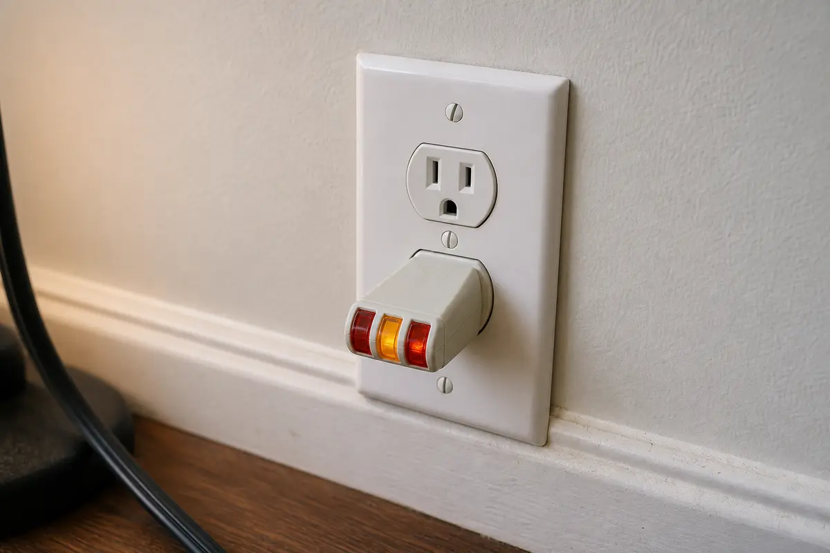 Plug-in outlet tester checking a covered duplex outlet without exposing wiring