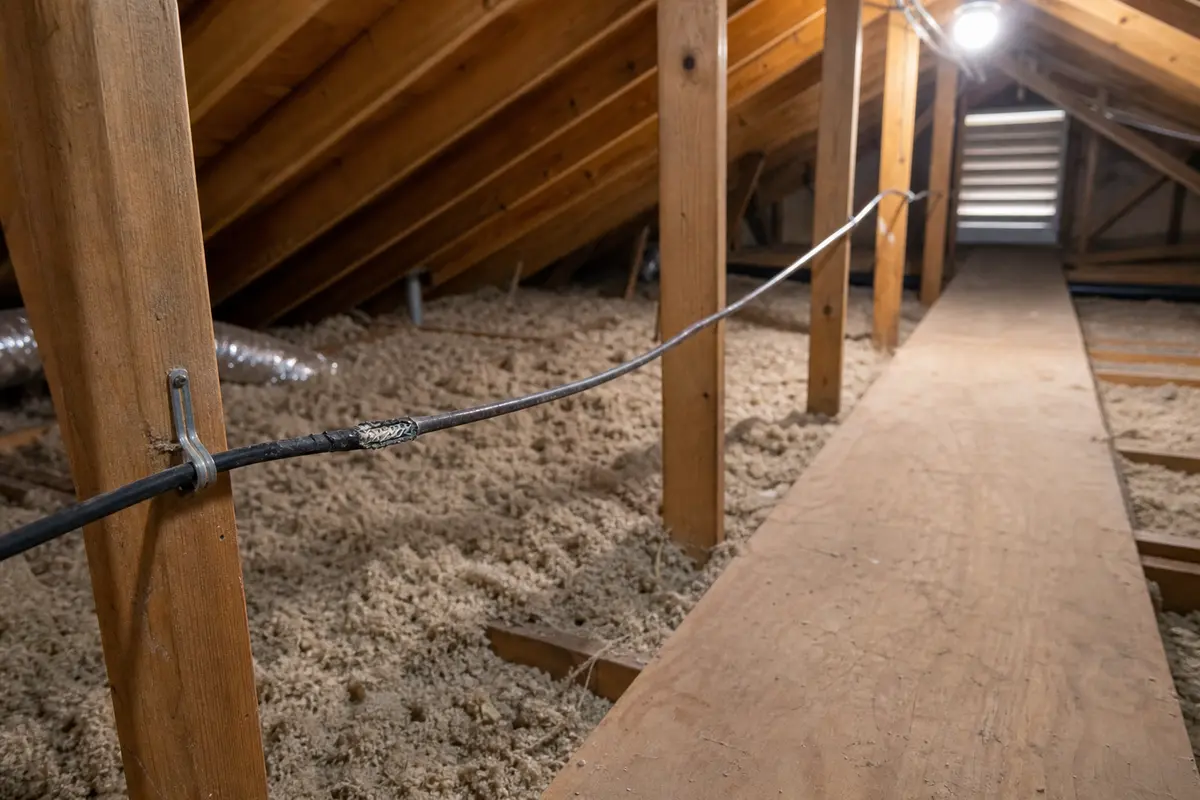 Attic coax cable with rat chew marks visible from a safe walkway
