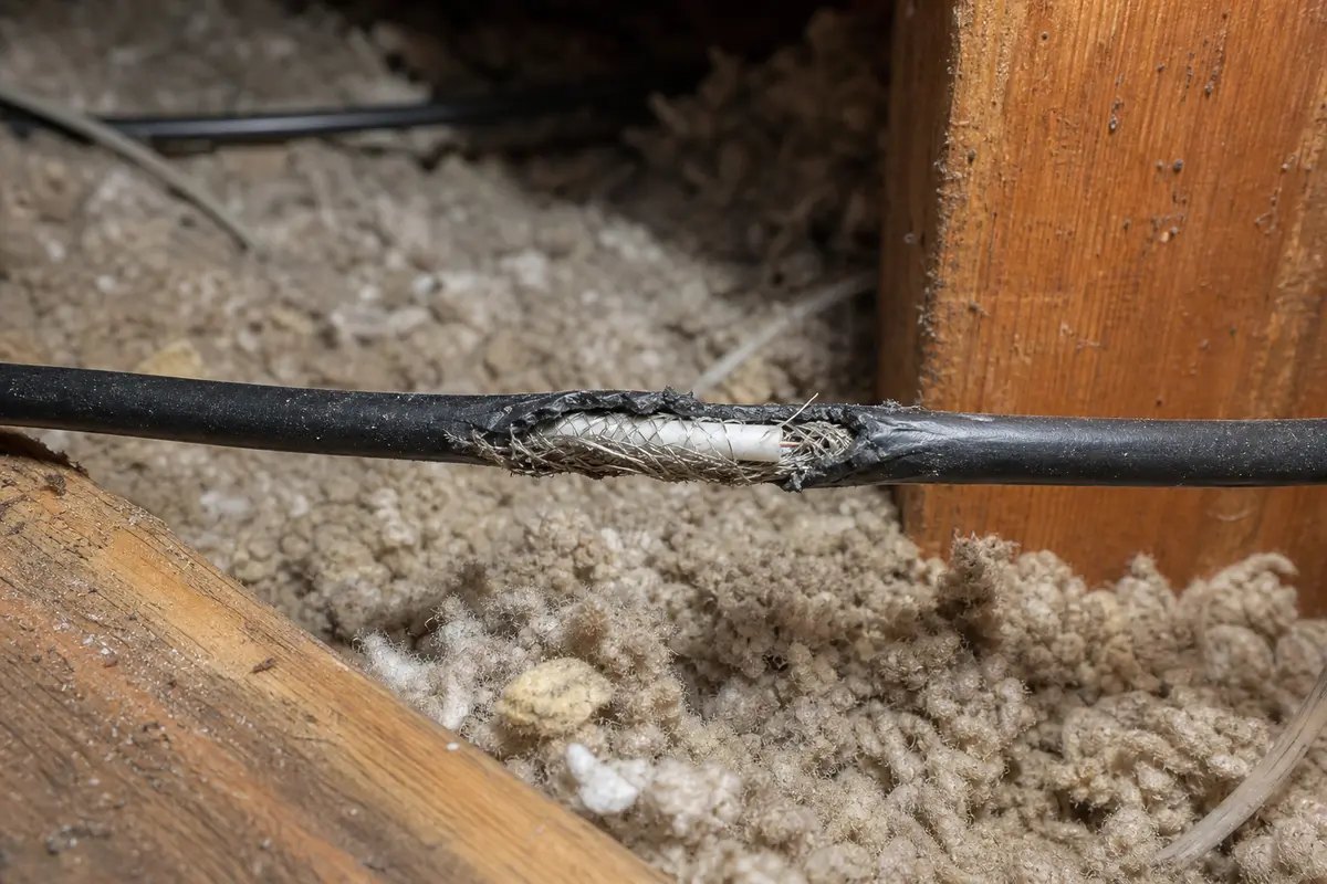 Close view of chewed coax jacket showing shield braid in attic insulation
