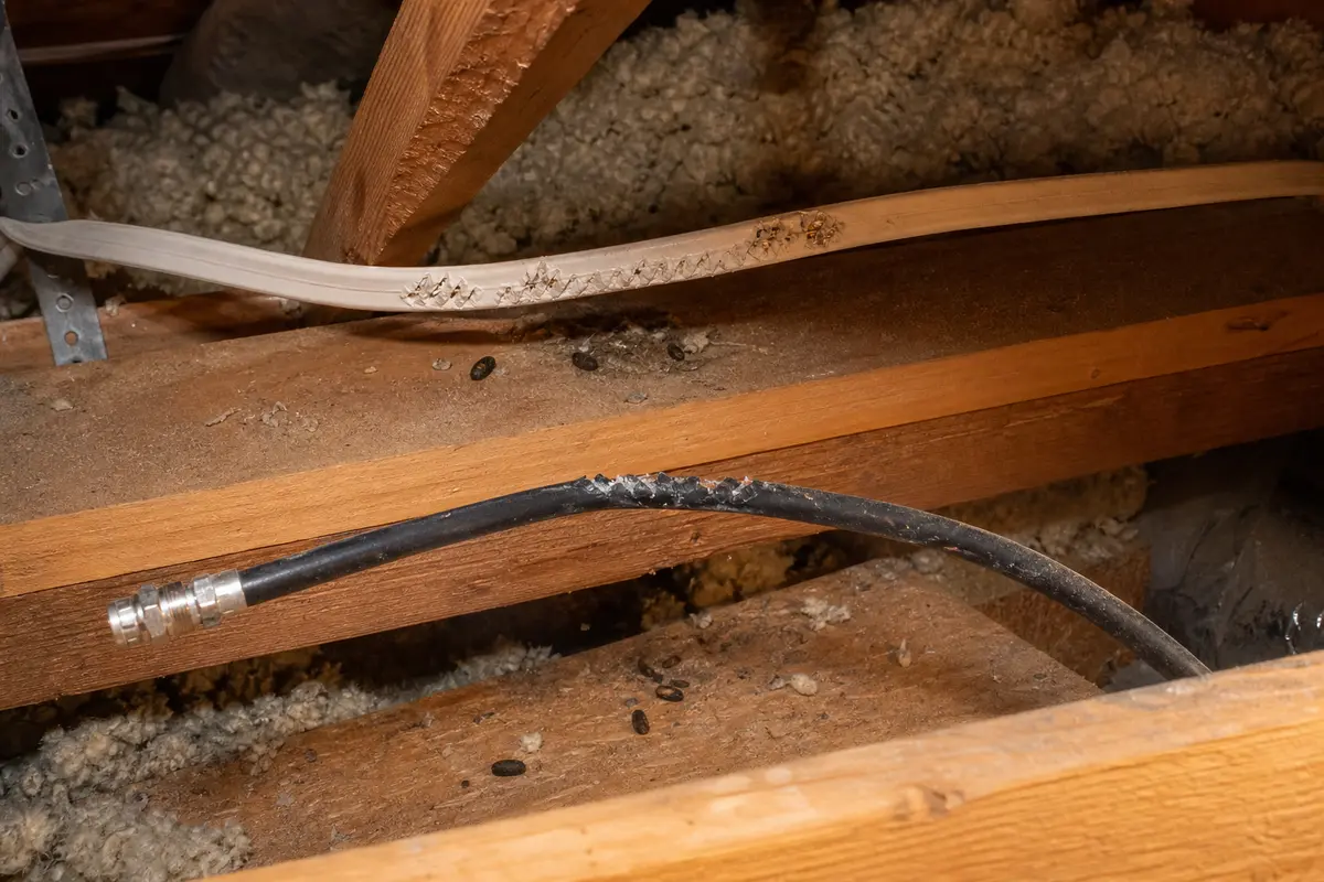 Chewed attic coax beside house wiring and rodent droppings