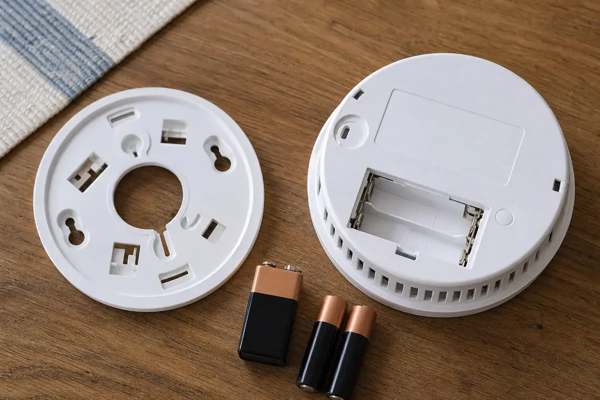 Smoke detector beeping battery compartment and mounting plate on a work surface