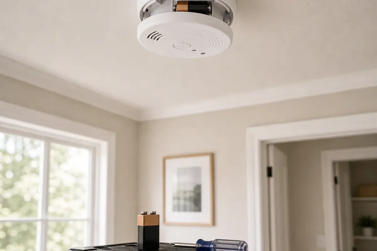 Smoke detector beeping battery drawer visible in a ceiling mounted alarm