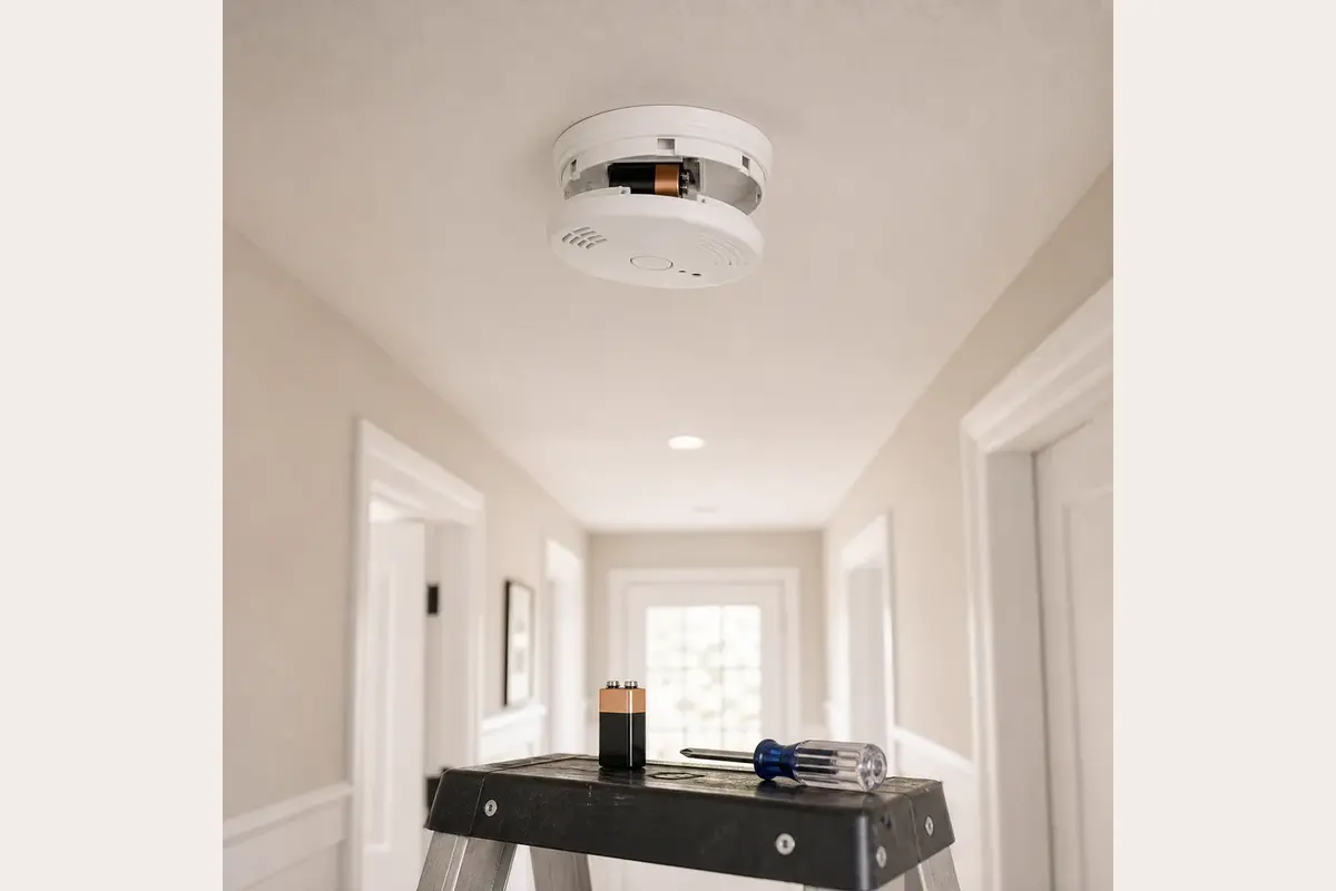 Smoke detector beeping with battery and screwdriver ready below the ceiling unit