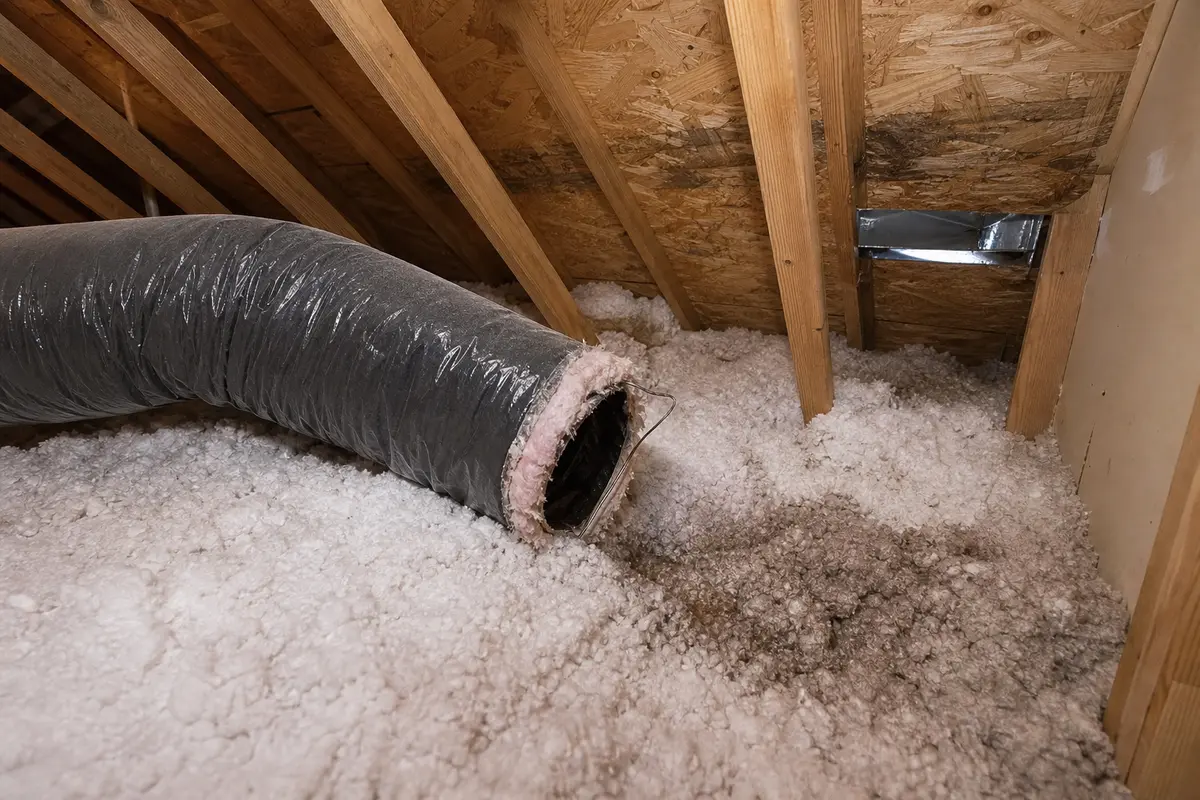 Bathroom exhaust duct ending openly in attic insulation