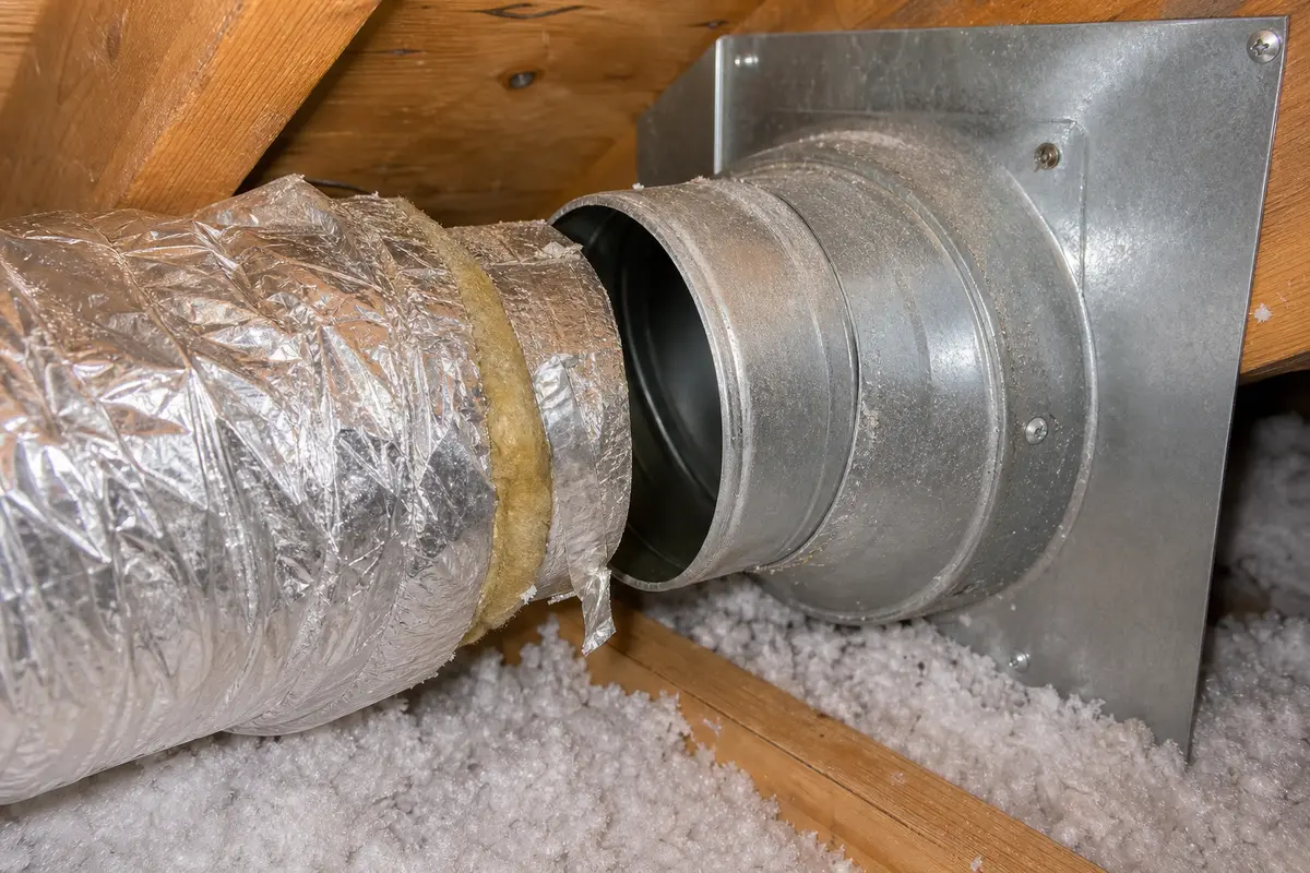 Loose bath fan duct joint near attic roof termination collar